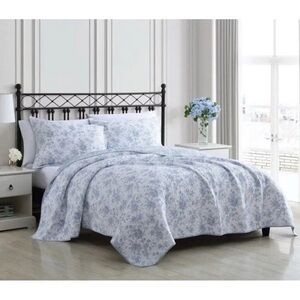 Laura Ashley ~ KING ~ Blue Walled Garden 3pc Quilt Set Reversible 100% Cotton